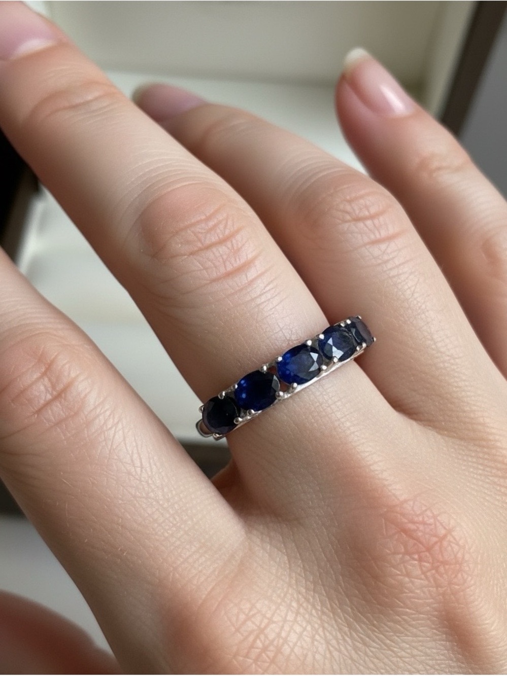 14k white gold and Blue Sapphire Oval Five-Stone Ring